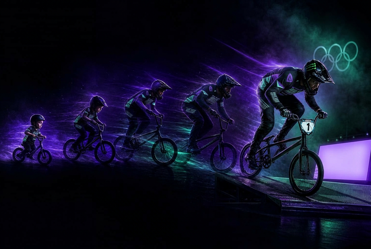 Four-stage BMX Racing progression: walkbike, junior, developing athlete, elite — the R.R.R pathway